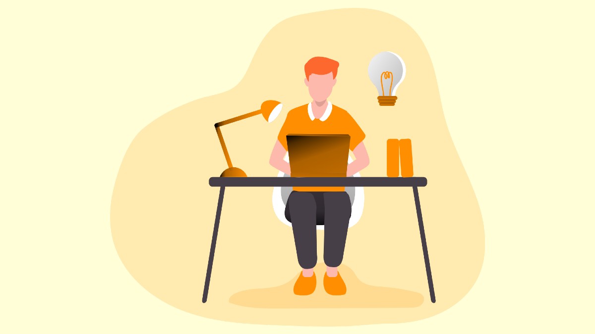 Illustration of a man sitting at a desk using a laptop with a lamp and idea bulb, warm orange and yellow tones