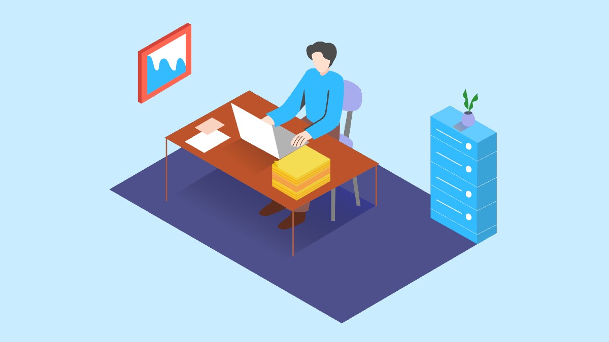 Isometric illustration of a person working at a desk with a laptop, papers, and a server tower, blue and purple tones