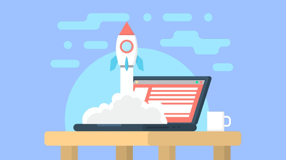 Illustration of a rocket launching from a laptop screen on a table, blue and orange tones, dynamic startup mood