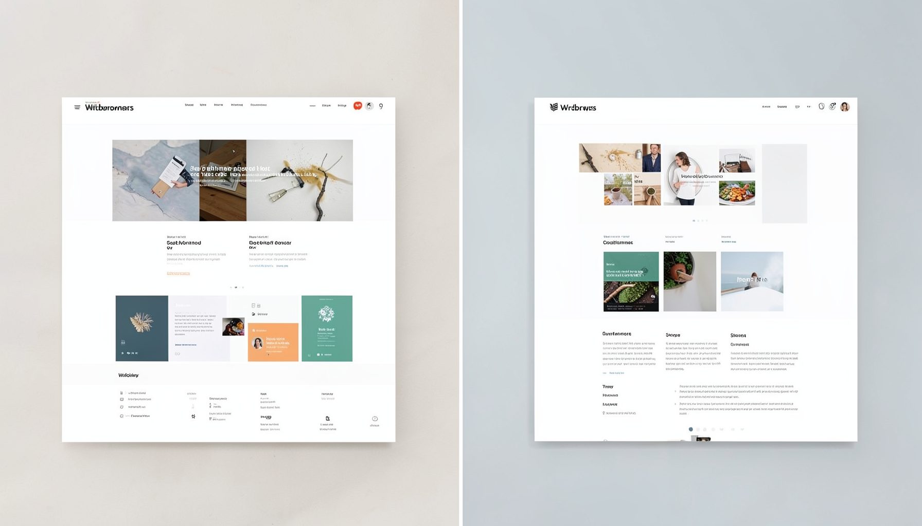 Split-screen comparison of two WordPress theme layouts side by side