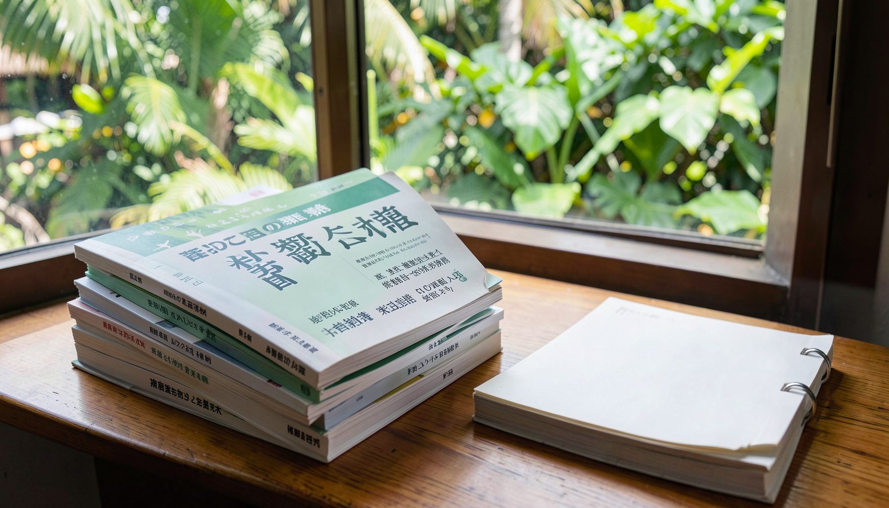 Stack of Japanese-language guidebooks and a notebook on a wooden desk beside a window with tropical greenery outside
