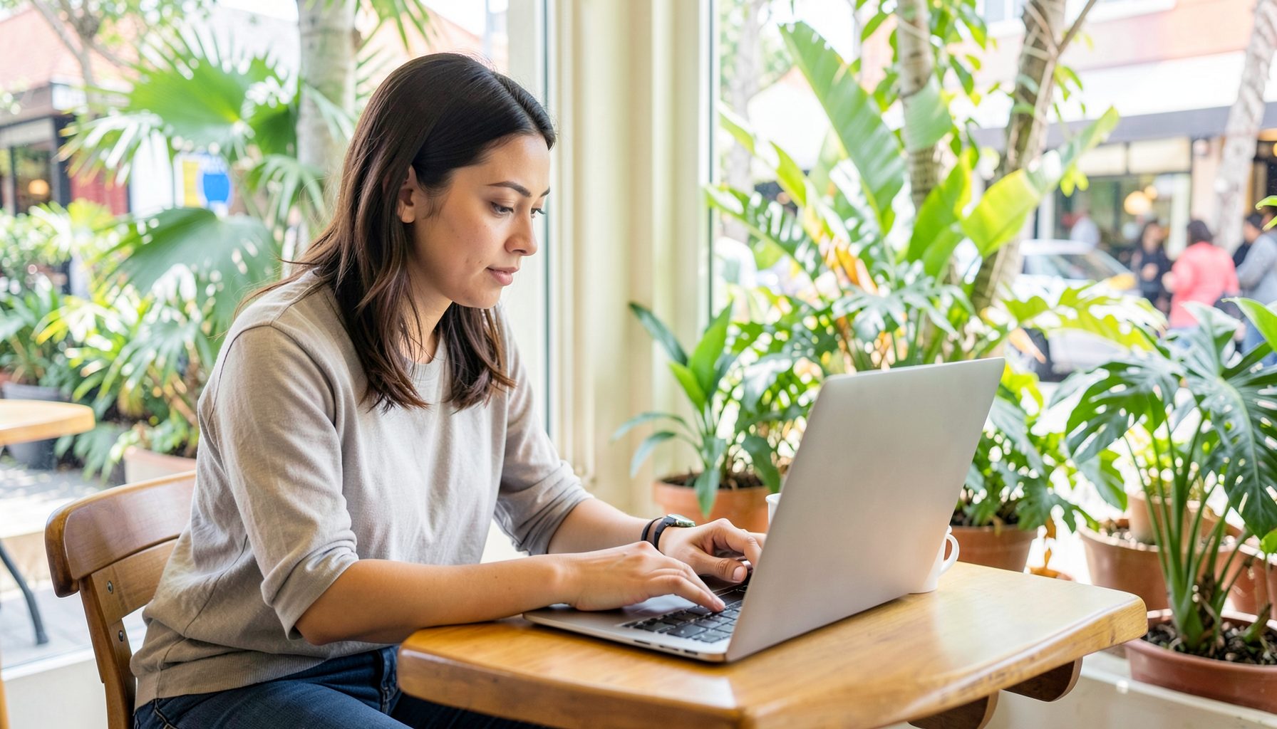 Woman working on a laptop at a bright café table with tropical plants visible through the window